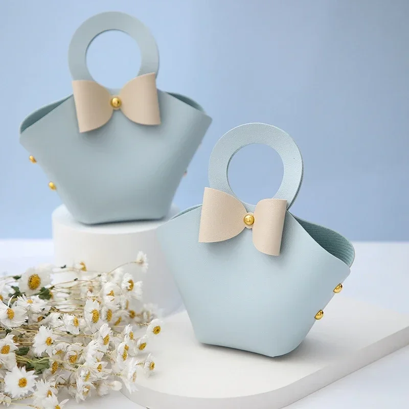 20PCS Leather Gift Bags Bow Ribbon Packaging Bag Wedding Favour Distributions Bags Christmas Candy Packaging Box Mini Handbag