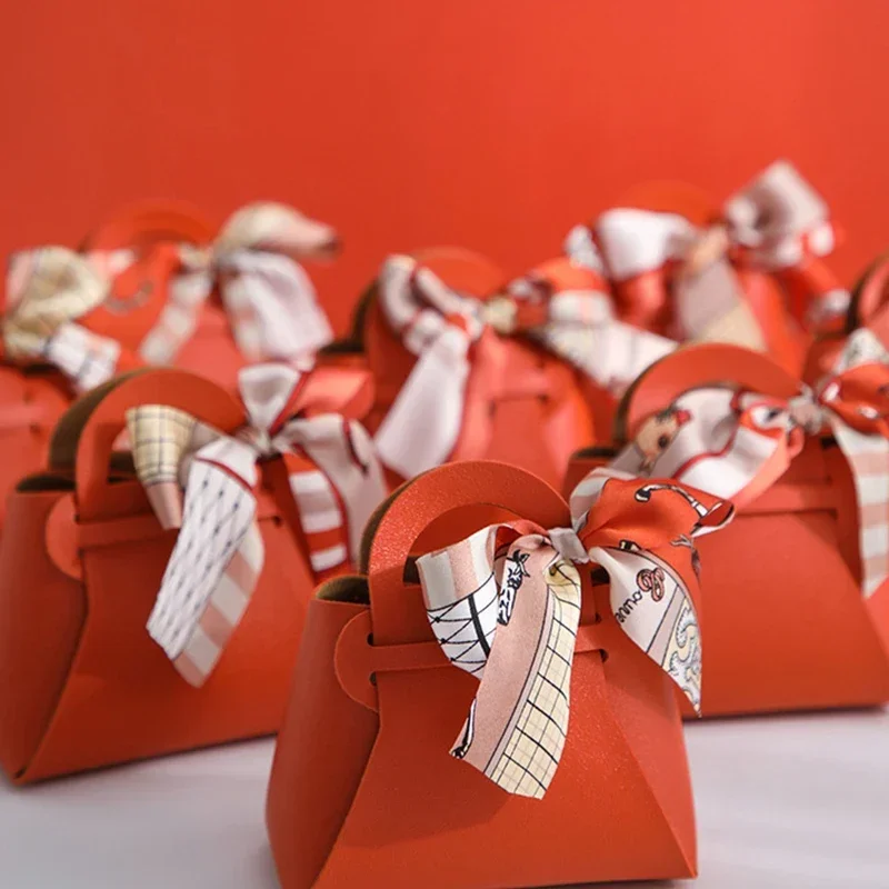 20PCS Leather Gift Bags Bow Ribbon Packaging Bag Wedding Favour Distributions Bags Christmas Candy Packaging Box Mini Handbag