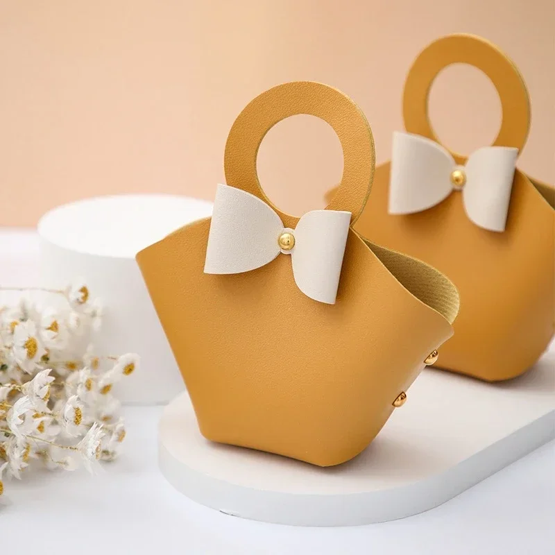20PCS Leather Gift Bags Bow Ribbon Packaging Bag Wedding Favour Distributions Bags Christmas Candy Packaging Box Mini Handbag