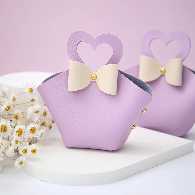 20PCS Leather Gift Bags Bow Ribbon Packaging Bag Wedding Favour Distributions Bags Christmas Candy Packaging Box Mini Handbag