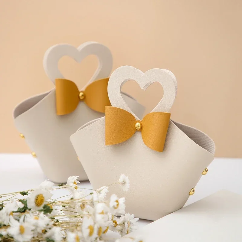20PCS Leather Gift Bags Bow Ribbon Packaging Bag Wedding Favour Distributions Bags Christmas Candy Packaging Box Mini Handbag
