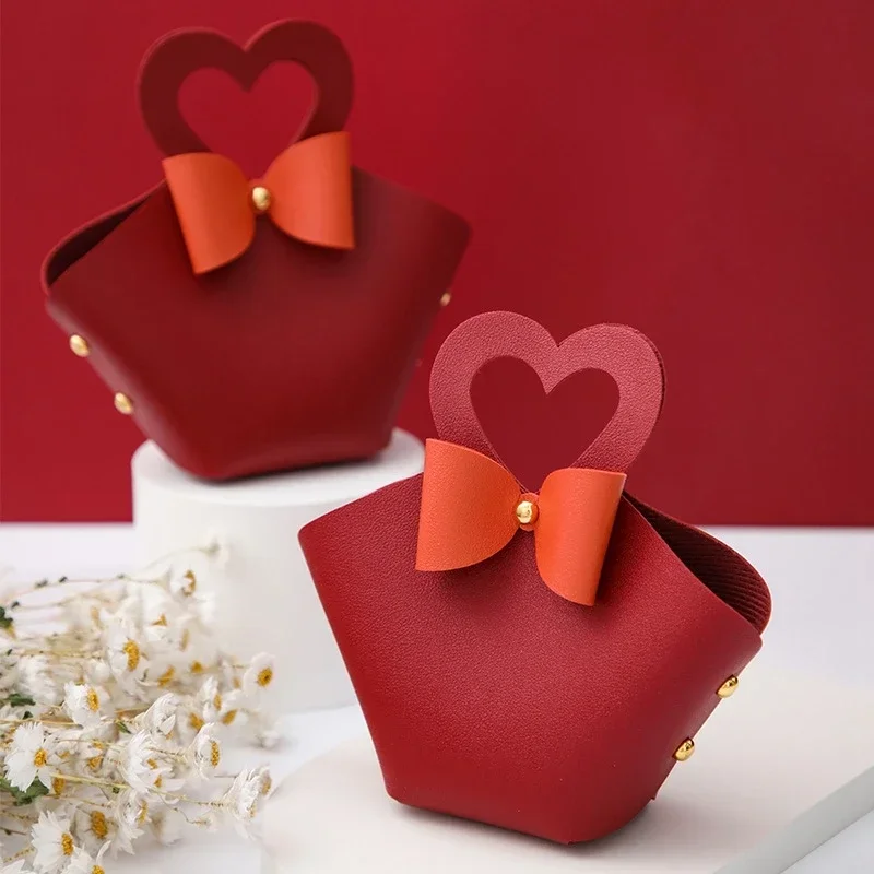 20PCS Leather Gift Bags Bow Ribbon Packaging Bag Wedding Favour Distributions Bags Christmas Candy Packaging Box Mini Handbag