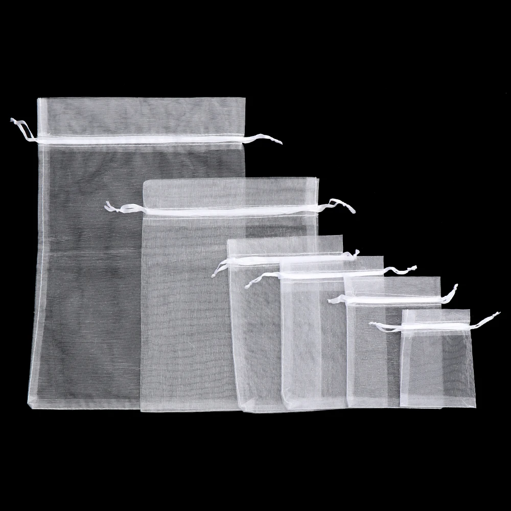 25/50Pcs White Drawstring Pocket Drawable Candy Pouches Organza Gauze Sachet Gift Bags Jewelry Packing Christmas Party Supply