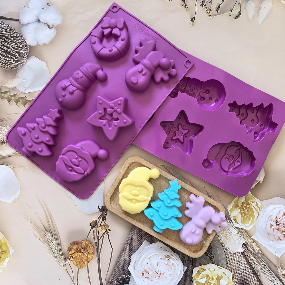 1pc 6-cavity Christmas shaped silicone mold, used for DIY mousse cakes, desserts, pastries, baking utensils