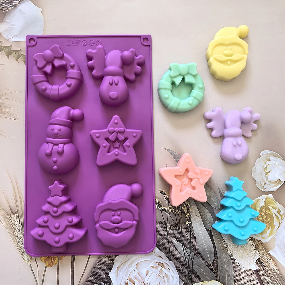 1pc 6-cavity Christmas shaped silicone mold, used for DIY mousse cakes, desserts, pastries, baking utensils