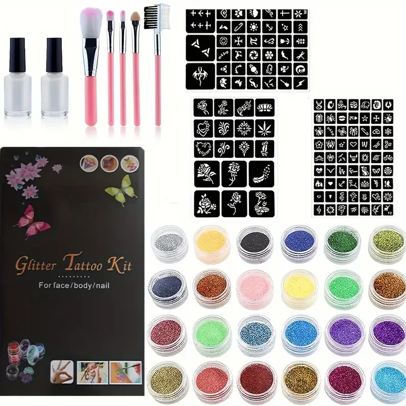 Glitter Temporary Tattoo Set 24 Colors with 2 Bottles of Glue,3 Sheets of Stencil Paper for Stage Performances,Christmas Parties