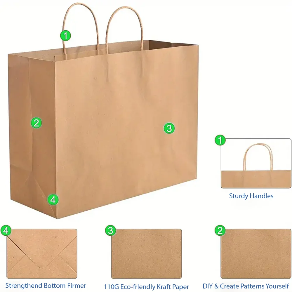 Kraft Paper Bags with Handles Birthday Wedding Christmas Party Decoration Baby Shower New Year Gift Packaging