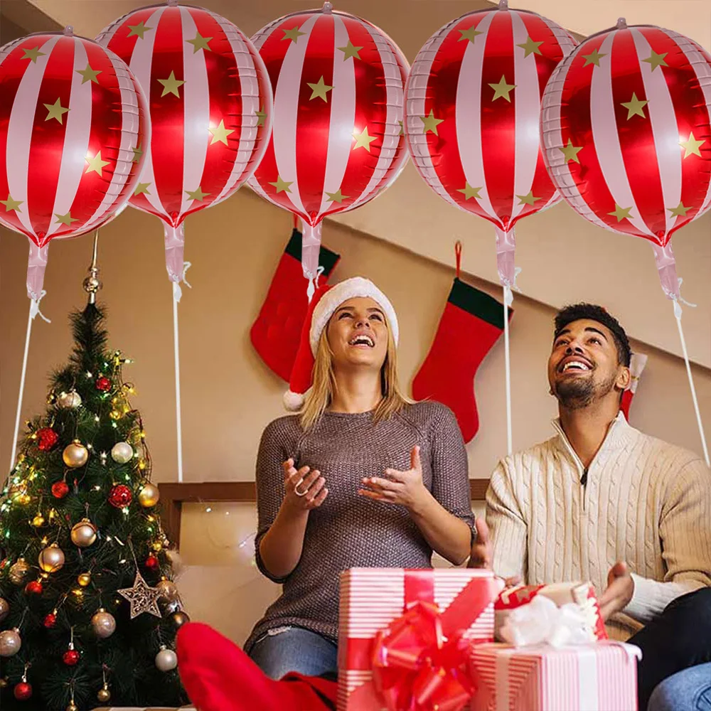 6-Pack of 22-Inch 4D Round Balloons, Large Red Striped Star Balloons, Aluminum Foil Balloons, Suitable for Christmas Parties, Birthday Parties, Anniversary Celebrations, and Dance Party Decorations