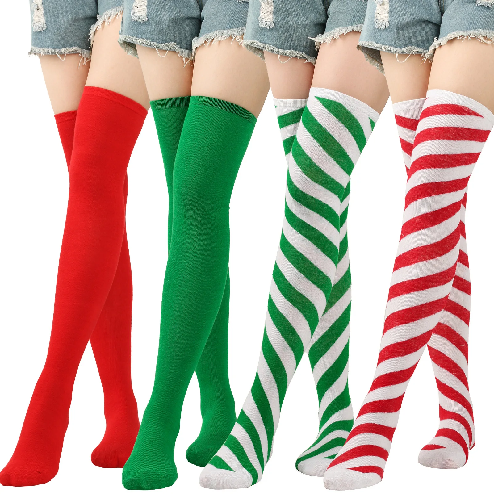 Christmas Stockings Over Knee Long High Socks Women Halloween Striped Stockings Dance Cosplay Performance Solid Colors Leggings