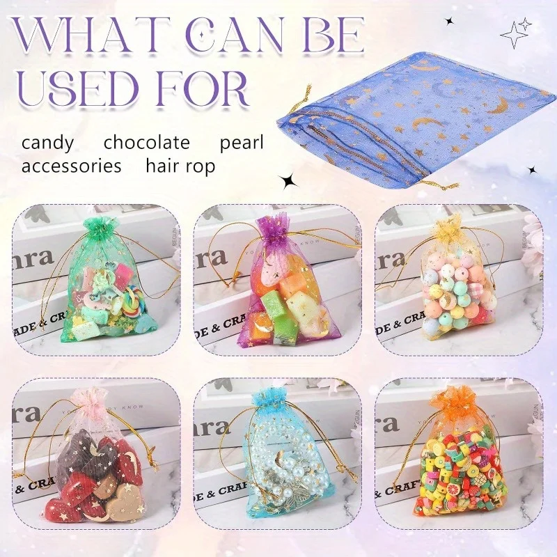 50PCS Moon Stars Drawstring Organza Bags Jewelry Gift Bags Pouches Gold Star Organza Favor Pouches for Christmas Wedding