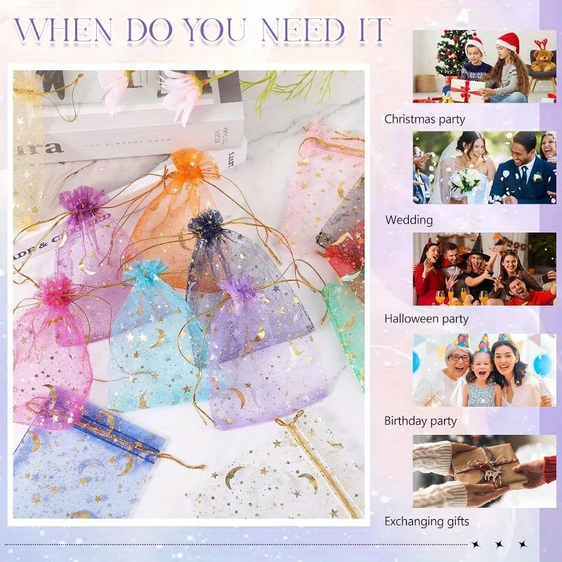 50PCS Moon Stars Drawstring Organza Bags Jewelry Gift Bags Pouches Gold Star Organza Favor Pouches for Christmas Wedding