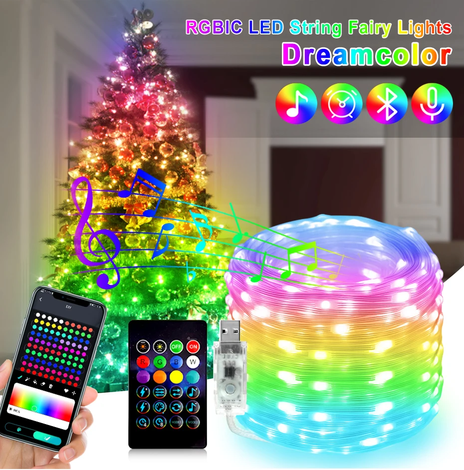 1M-50M Christmas Lights WS2812 Led Fairy String Light for Home Party Decoration USB Smart Bluetooth Curtain Lights Garland