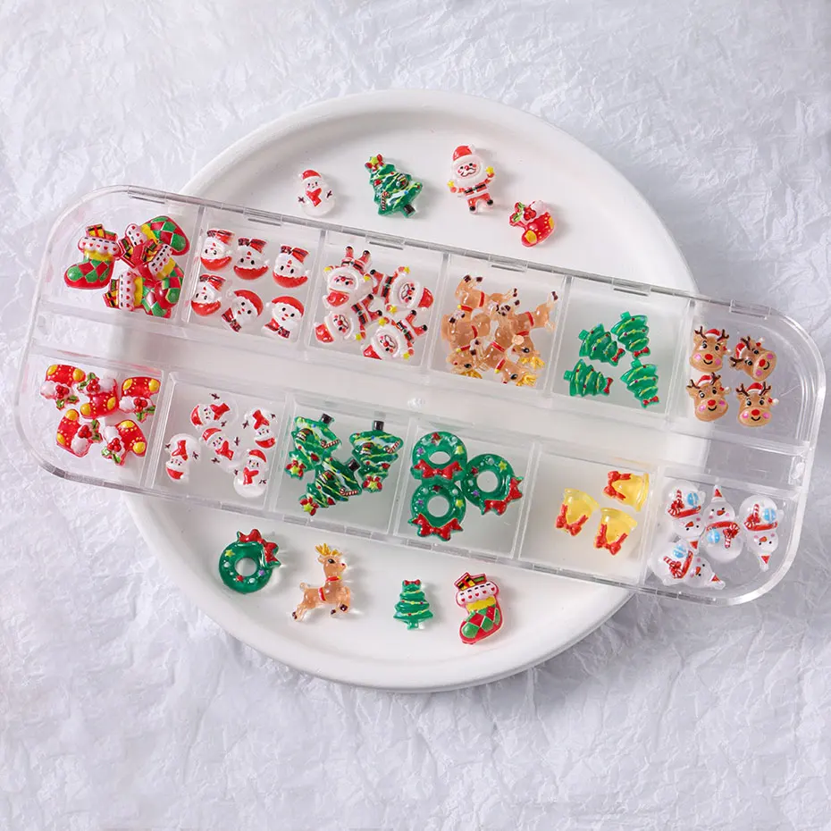 12grids Cartoon Mixed Resin Santa Claus Nails Decor Kawaii Christmas Snowman Elk Nail Charms Parts 3D Festival DIY Nail Supplies