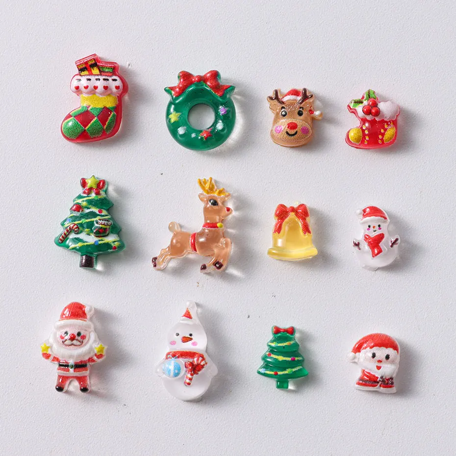 12grids Cartoon Mixed Resin Santa Claus Nails Decor Kawaii Christmas Snowman Elk Nail Charms Parts 3D Festival DIY Nail Supplies