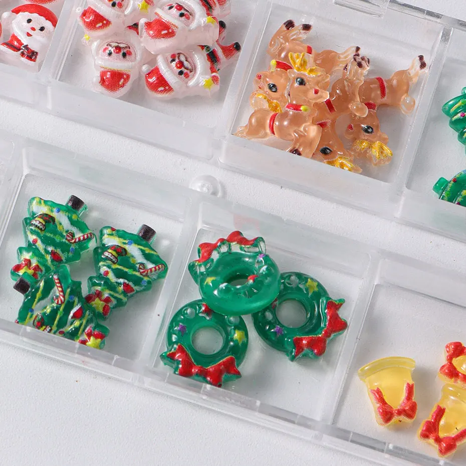 12grids Cartoon Mixed Resin Santa Claus Nails Decor Kawaii Christmas Snowman Elk Nail Charms Parts 3D Festival DIY Nail Supplies