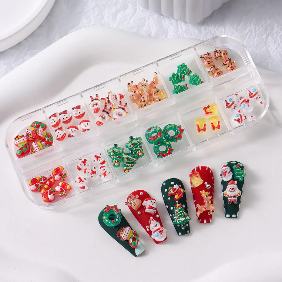 12grids Cartoon Mixed Resin Santa Claus Nails Decor Kawaii Christmas Snowman Elk Nail Charms Parts 3D Festival DIY Nail Supplies
