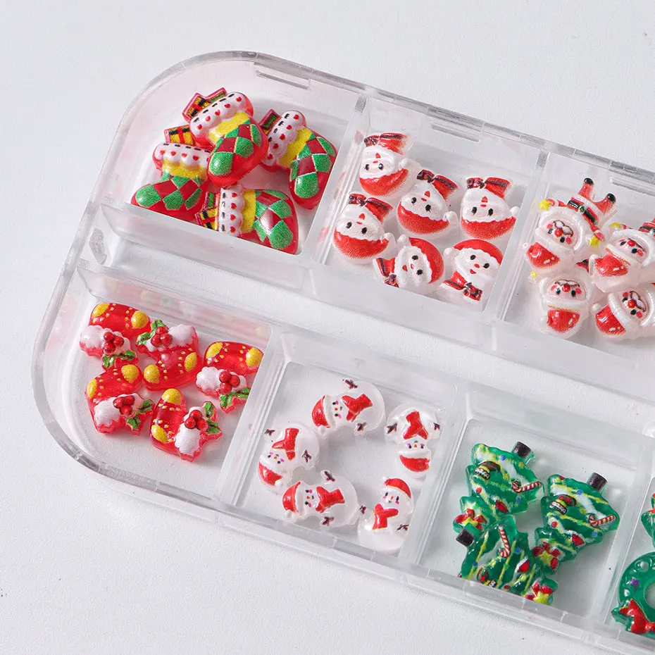 12grids Cartoon Mixed Resin Santa Claus Nails Decor Kawaii Christmas Snowman Elk Nail Charms Parts 3D Festival DIY Nail Supplies
