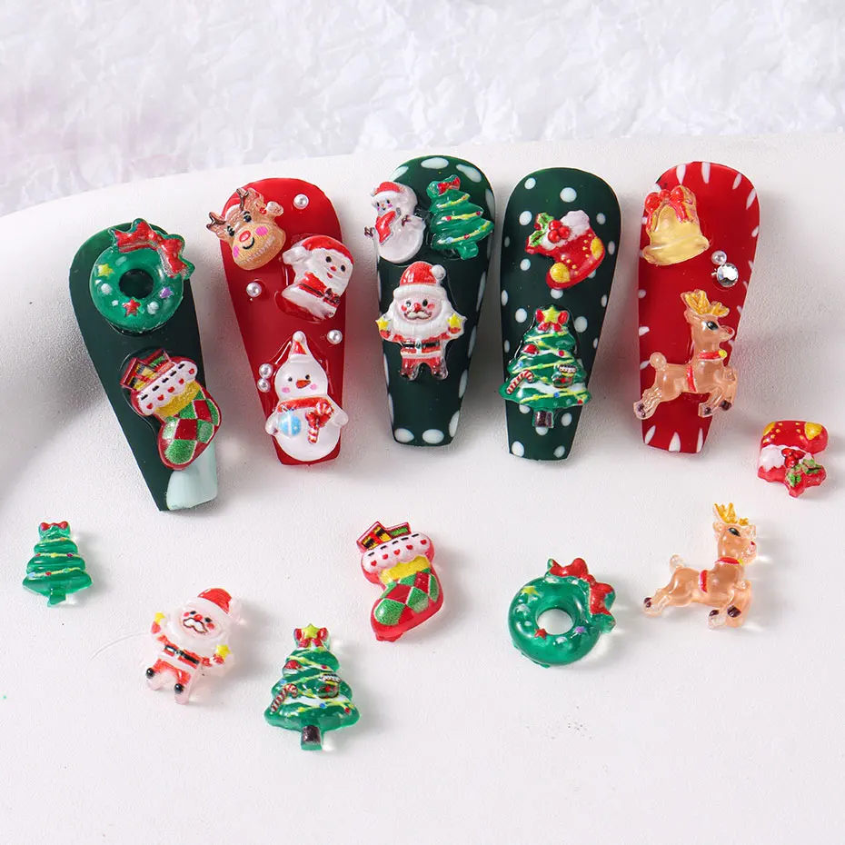 12grids Cartoon Mixed Resin Santa Claus Nails Decor Kawaii Christmas Snowman Elk Nail Charms Parts 3D Festival DIY Nail Supplies