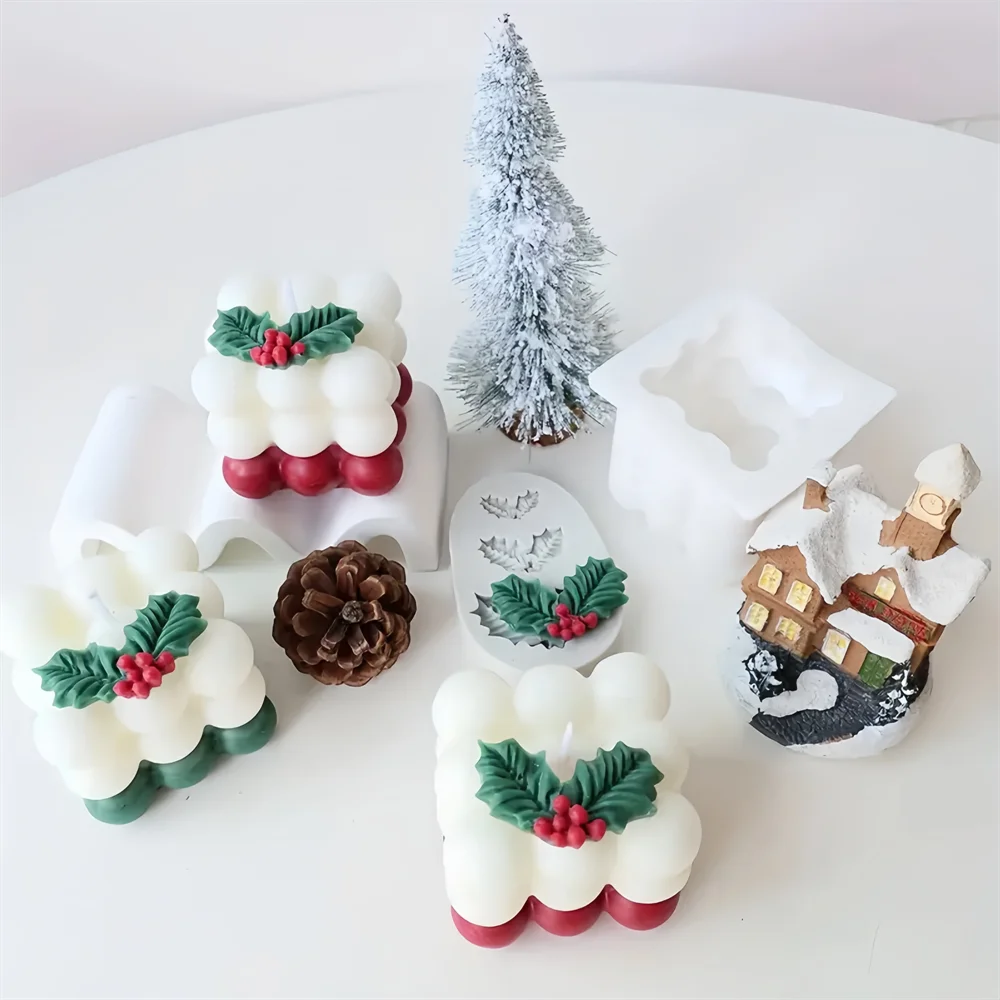 Christmas Holly Leaf Bubble Candle Silicone Mold Handmade Aromatherapy Gypsum Clay Making Shaped Candle Xmas New Year Gift Mold