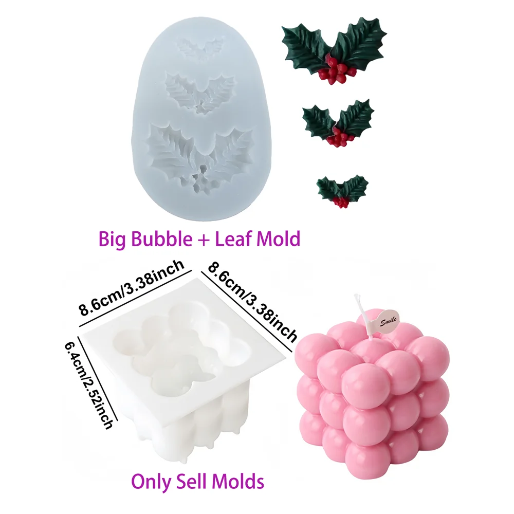 Christmas Holly Leaf Bubble Candle Silicone Mold Handmade Aromatherapy Gypsum Clay Making Shaped Candle Xmas New Year Gift Mold