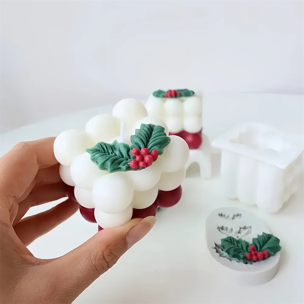 Christmas Holly Leaf Bubble Candle Silicone Mold Handmade Aromatherapy Gypsum Clay Making Shaped Candle Xmas New Year Gift Mold