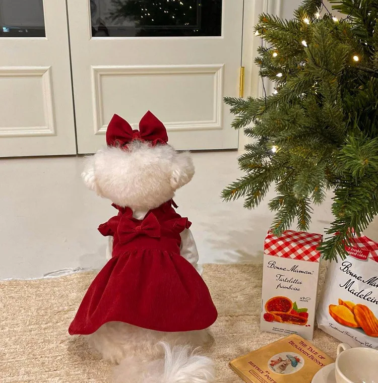 Puppy Bow Knot Dress Set Winter Warm Dog Clothes Pet Christmas Princess Dress Teddy Solid Color Skirt Send Clip