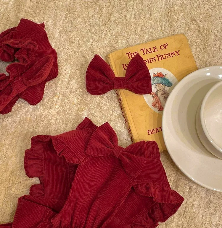 Puppy Bow Knot Dress Set Winter Warm Dog Clothes Pet Christmas Princess Dress Teddy Solid Color Skirt Send Clip