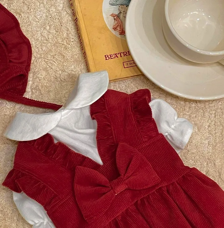 Puppy Bow Knot Dress Set Winter Warm Dog Clothes Pet Christmas Princess Dress Teddy Solid Color Skirt Send Clip