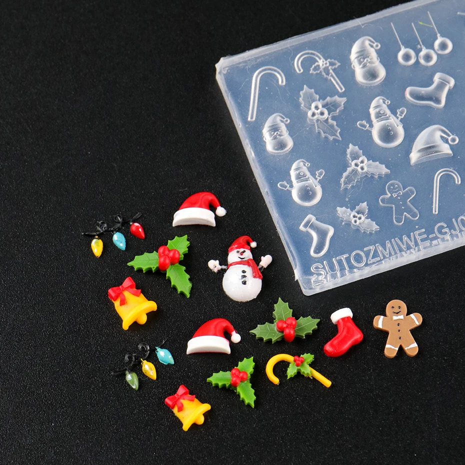 Christmas Theme Cartoon Silicone Nail Carving Mold High Transparency Snowman Gingerbread Soft Nail Template Winter DIY Nail Deco