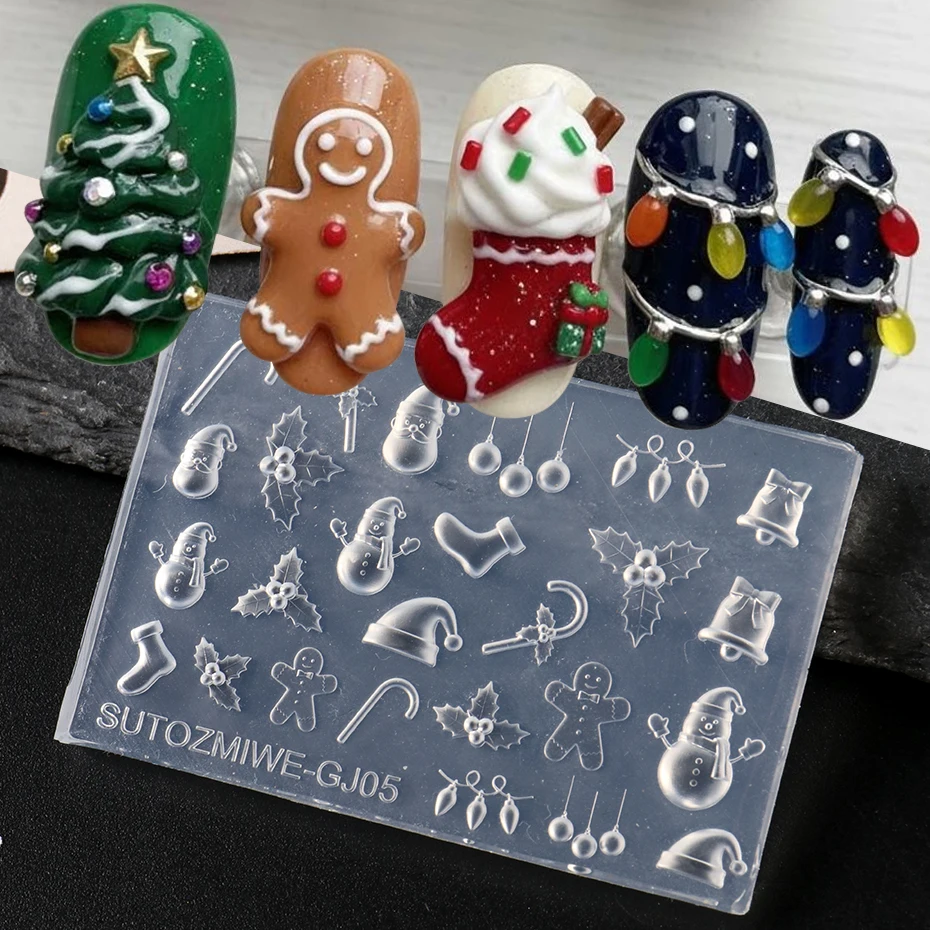 Christmas Theme Cartoon Silicone Nail Carving Mold High Transparency Snowman Gingerbread Soft Nail Template Winter DIY Nail Deco