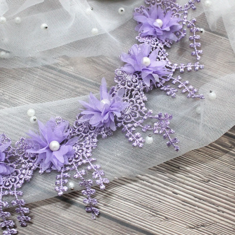 White 3D Chiffon Rose Lace Fabric Flower Pearl Beads Christmas Halloween Holiday Decoration Wedding Decor Lace Ribbon DIY Craft