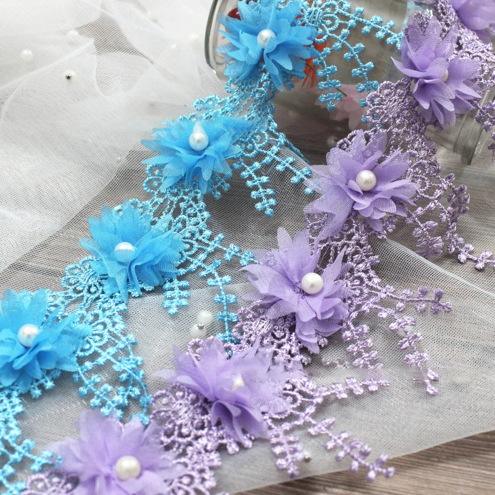 White 3D Chiffon Rose Lace Fabric Flower Pearl Beads Christmas Halloween Holiday Decoration Wedding Decor Lace Ribbon DIY Craft