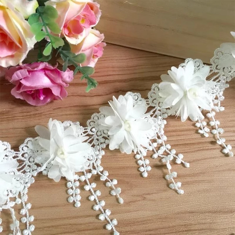 White 3D Chiffon Rose Lace Fabric Flower Pearl Beads Christmas Halloween Holiday Decoration Wedding Decor Lace Ribbon DIY Craft