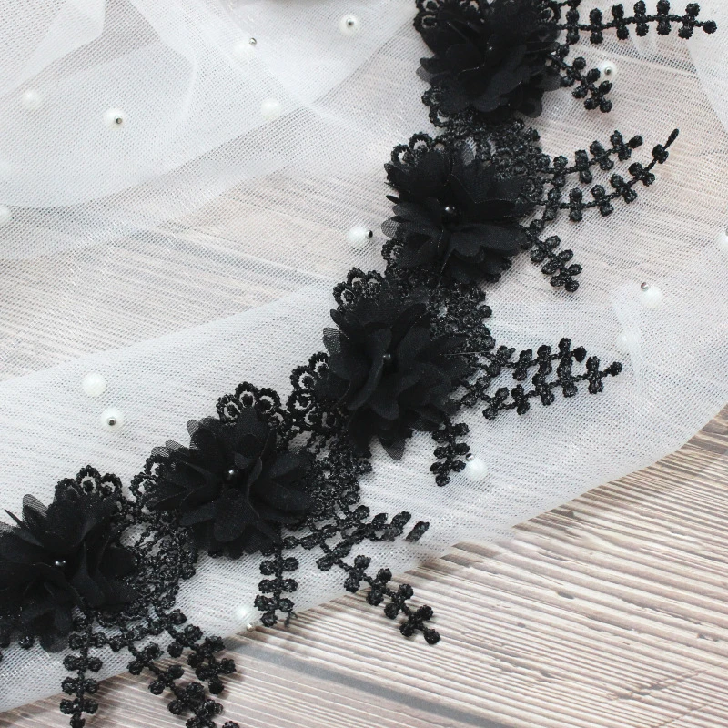 White 3D Chiffon Rose Lace Fabric Flower Pearl Beads Christmas Halloween Holiday Decoration Wedding Decor Lace Ribbon DIY Craft