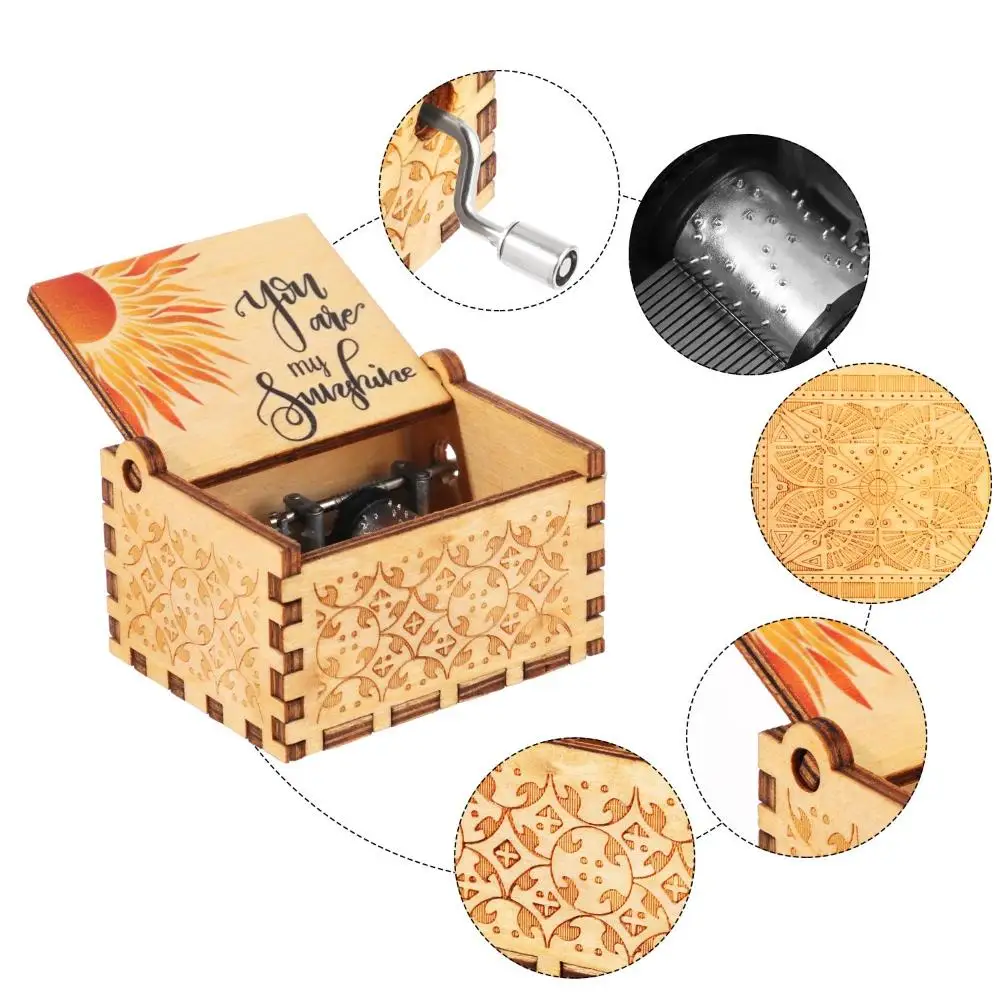 You Are My Sunshine Engraved Hand-Cranked Wooden Musical Box Suitable Gifts for Birthday Christmas Valentine's Day Thanksgiving