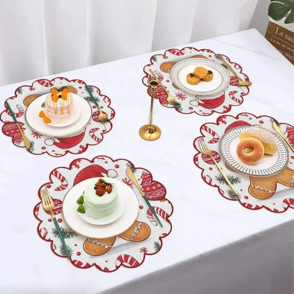 4PCS Christmas Circular Waves Placemats Non Slip Heat Resistant Table Mats Winter Dining Party Christmas Decor Round Tablecloth
