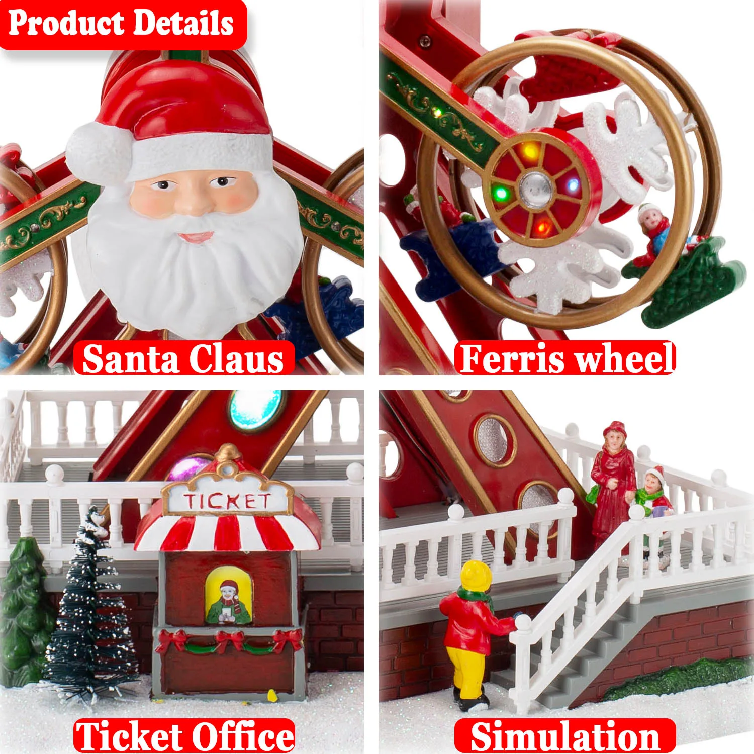Christmas Ferris Wheel Decoration with Santa Claus Face, LED Lights & Music, Animated Rotating Xmas Ornament for Home Party Gift
