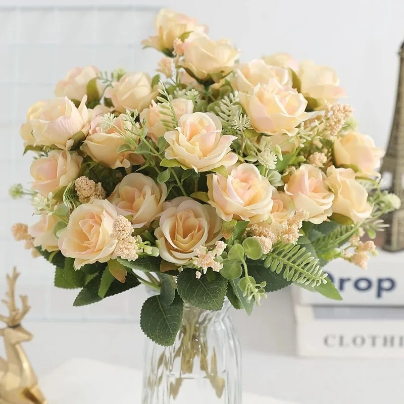 5Heads Artificial Rose Flower Bouquet For Living Home Room Decoration Christmas Garden Party Wedding Decor Outdoor Bride Bouquet