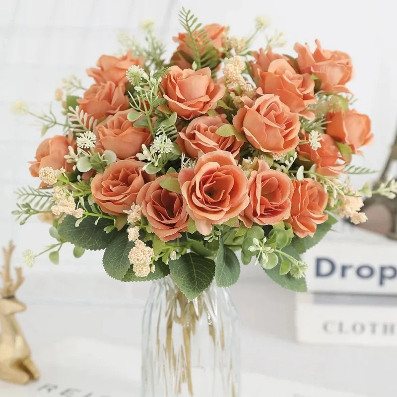 5Heads Artificial Rose Flower Bouquet For Living Home Room Decoration Christmas Garden Party Wedding Decor Outdoor Bride Bouquet
