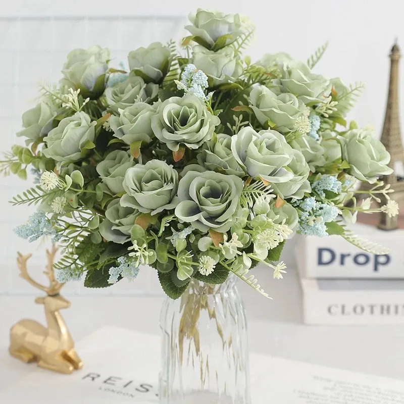 5Heads Artificial Rose Flower Bouquet For Living Home Room Decoration Christmas Garden Party Wedding Decor Outdoor Bride Bouquet