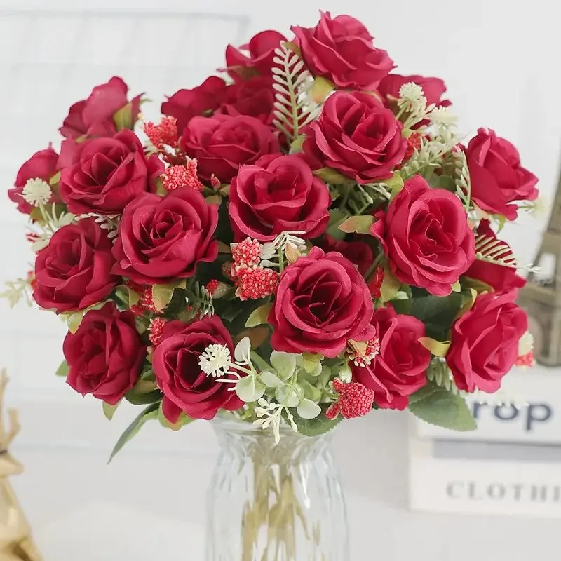 5Heads Artificial Rose Flower Bouquet For Living Home Room Decoration Christmas Garden Party Wedding Decor Outdoor Bride Bouquet