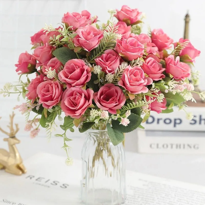 5Heads Artificial Rose Flower Bouquet For Living Home Room Decoration Christmas Garden Party Wedding Decor Outdoor Bride Bouquet
