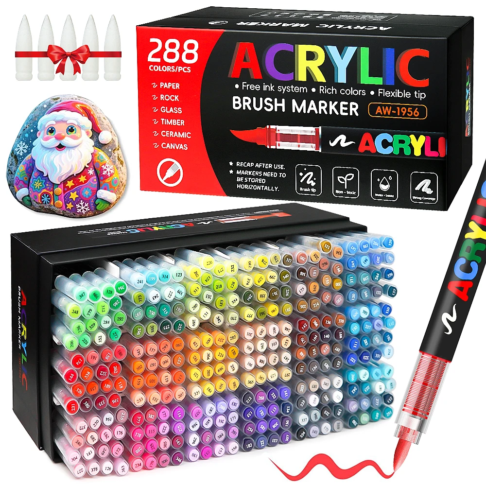 12-288 Colors Acrylic Paint Pen Marker Brush Tip Paint Marker For Rock Painting Wood Canvas Stone Christmas Gift DIY Craft