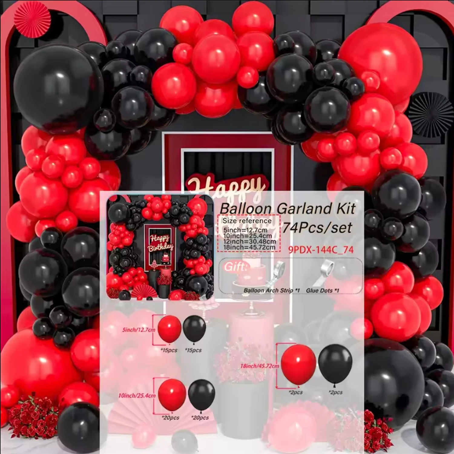 74pcs Black Red Latex Balloon Arch Kit, Birthday Party, Wedding, Bachelor Party, Christmas, Bridal Shower