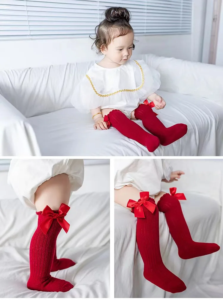 Red Bow Tie Knee High Tube Socks Girls' Christmas Stockings Infants Toddlers Soft Cotton Children Non Slip Floor Socks Baby Gift
