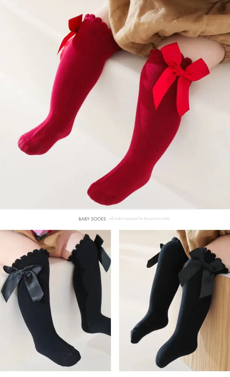Red Bow Tie Knee High Tube Socks Girls' Christmas Stockings Infants Toddlers Soft Cotton Children Non Slip Floor Socks Baby Gift