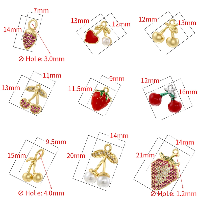 2Pcs/lot,Fashion Brass 18K Gold Plated Christmas Charm Cherry Strawberry Sweet Cute Jewellery for DIY Bracelet Necklace:VD1634