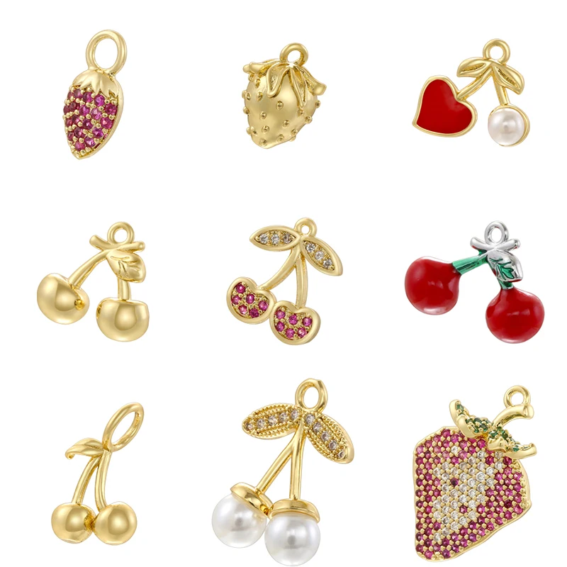 2Pcs/lot,Fashion Brass 18K Gold Plated Christmas Charm Cherry Strawberry Sweet Cute Jewellery for DIY Bracelet Necklace:VD1634