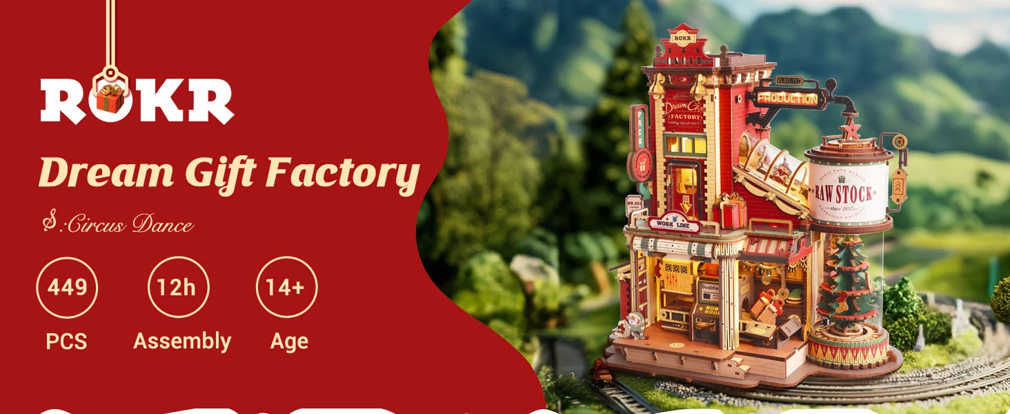 ROKR Dream Gift Factory 3D Wooden Puzzles Wooden Music Box Christmas Wooden Model Kits Build Best Gifts for Kids Adults