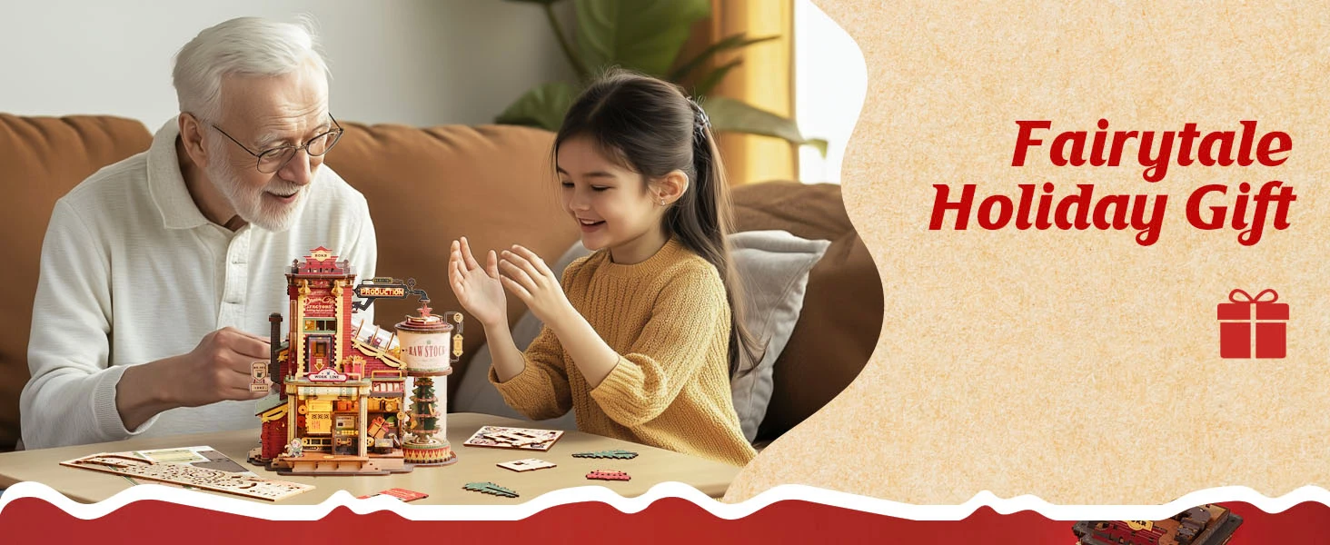 ROKR Dream Gift Factory 3D Wooden Puzzles Wooden Music Box Christmas Wooden Model Kits Build Best Gifts for Kids Adults